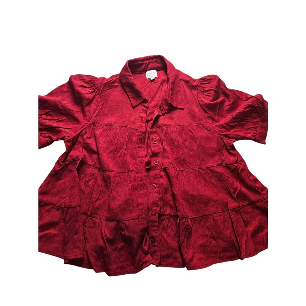 Blue Rain Francescas Red Tiered Babydoll Top Short Sleeve Button Down Blouse S